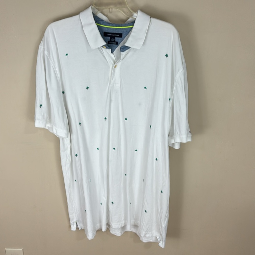 Tommy Hilfiger White  Custom Fit Polo Shirt Embroidered Palm Trees Size XXL